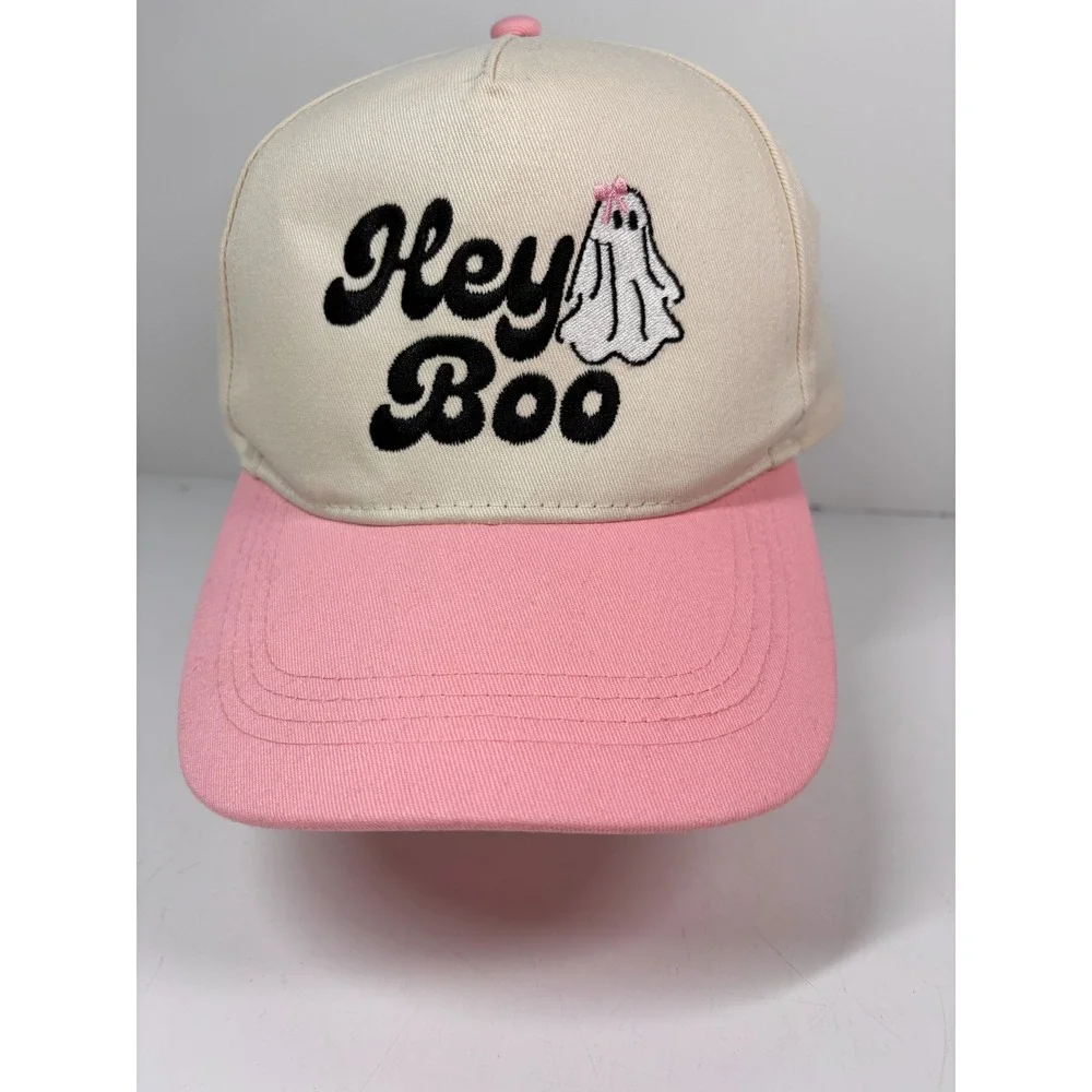 Hey Boo Ghost Halloween Bow Emb Trucker Hat Cap Pink Lily Embroidered Snap Back